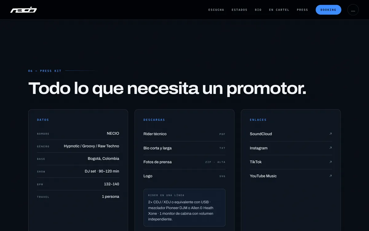 Sección de press kit del sitio de NECIO
