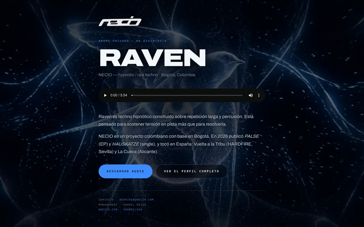Página privada del single Raven para sellos