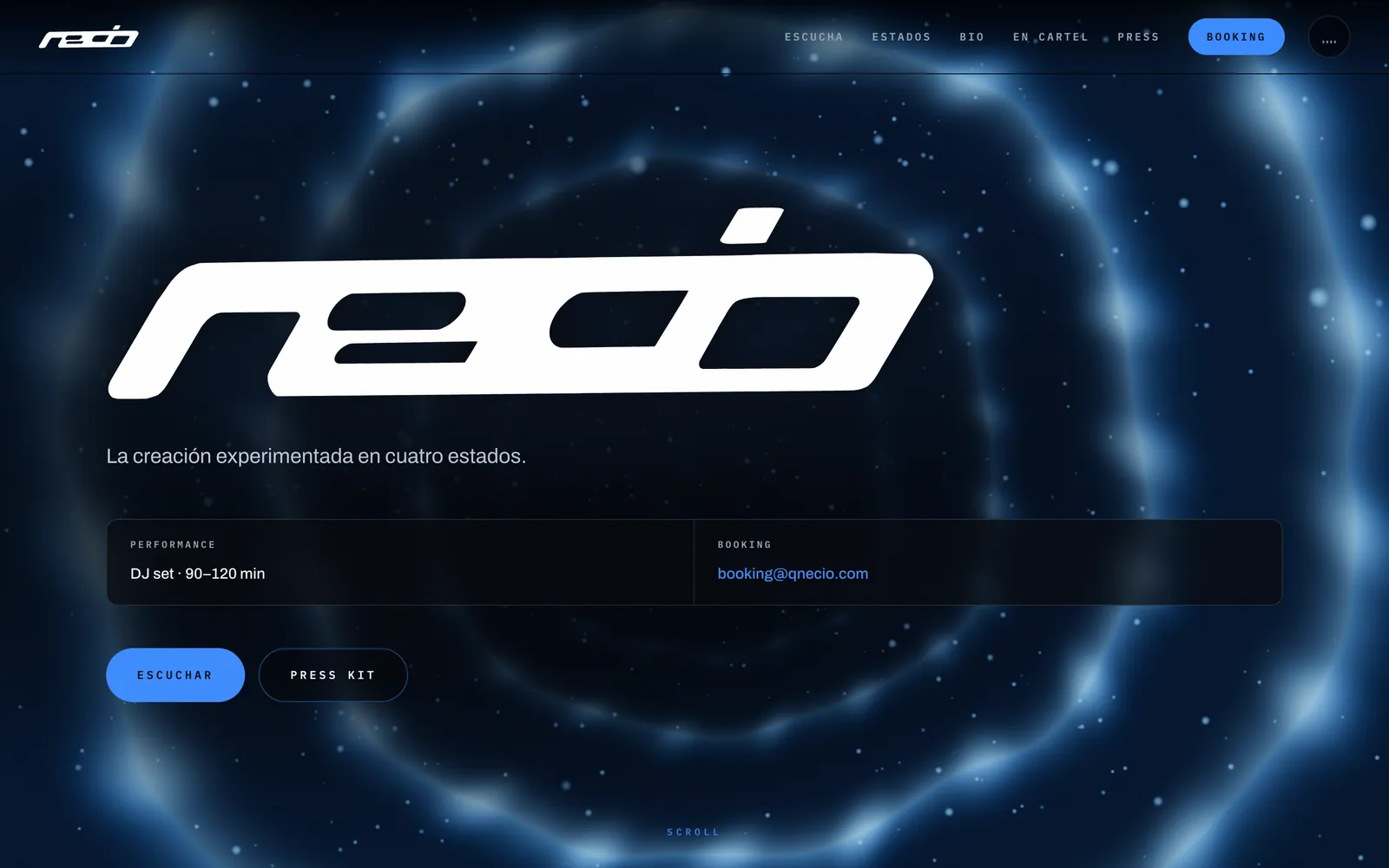 Portada del sitio de NECIO con la escena 3D