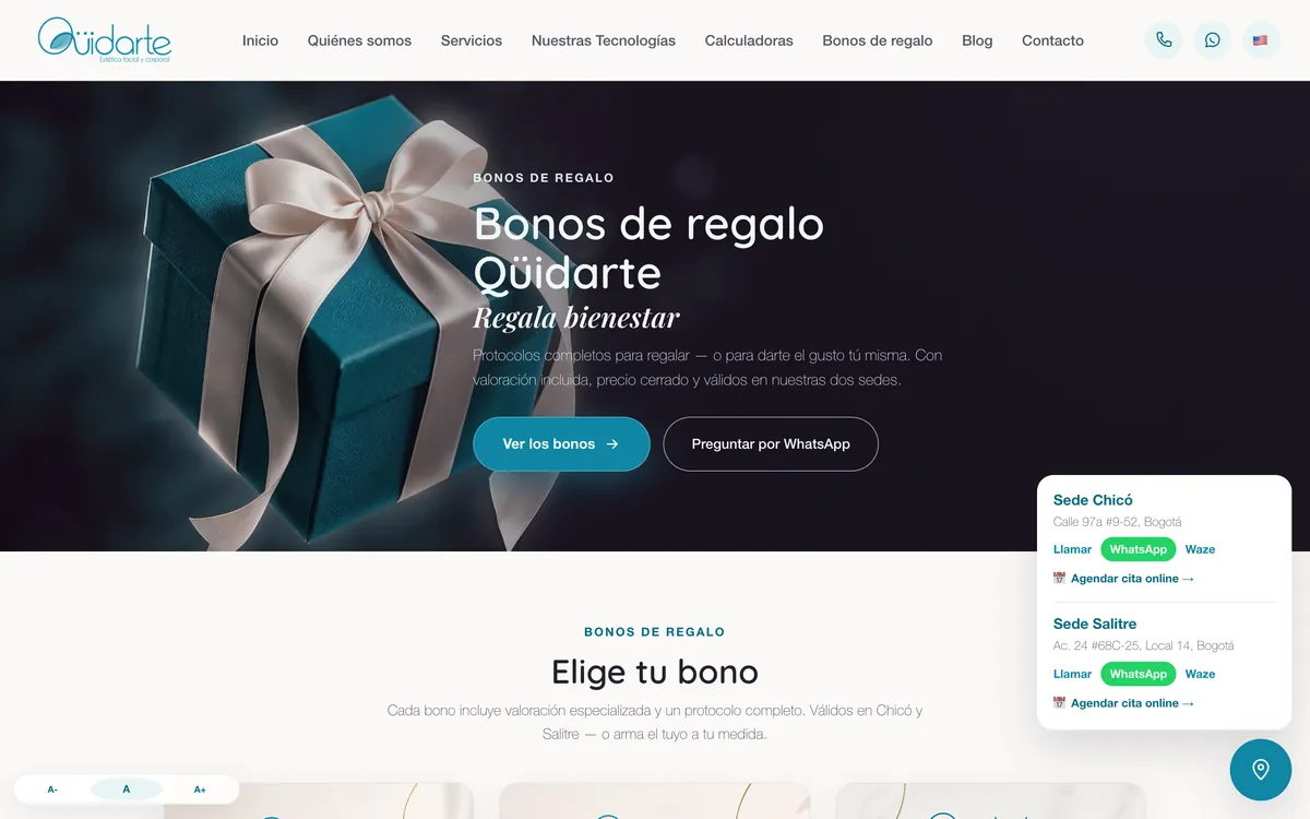 Página de bonos de regalo de Qüidarte